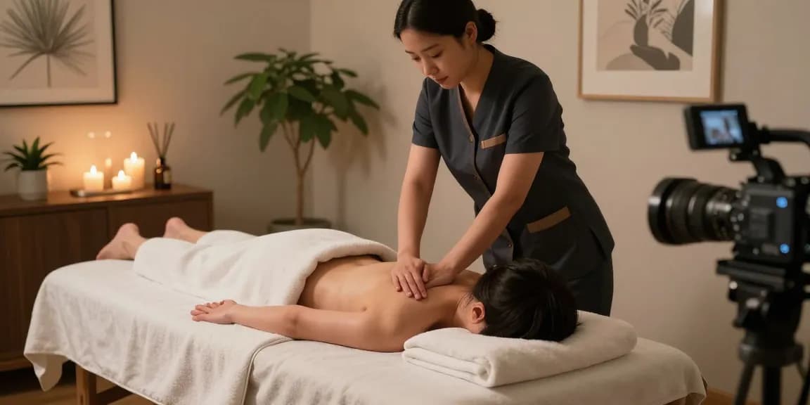 강남출장마사지 offered by a professional therapist in a serene home setting with calming decor.