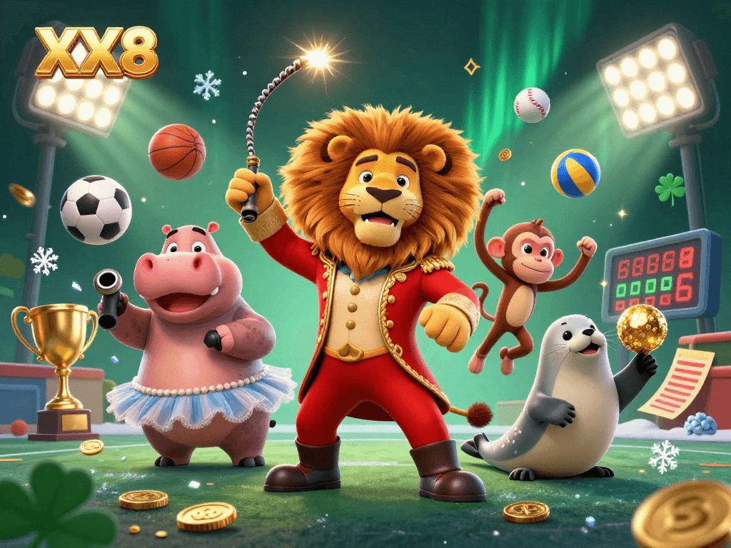 Experience the thrilling XX8 platform with engaging elements like betting slips and sports balls in a dynamic scene.