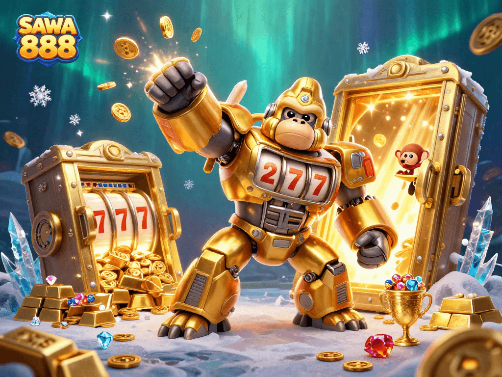 Experience thrilling gameplay with SAWA 888, featuring a golden mech and dazzling treasures.