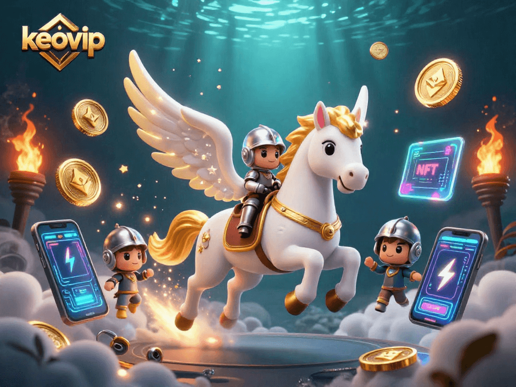 Join the adventure with keovip, a celestial unicorn knight amidst cryptocurrency chaos in a vibrant casino world.