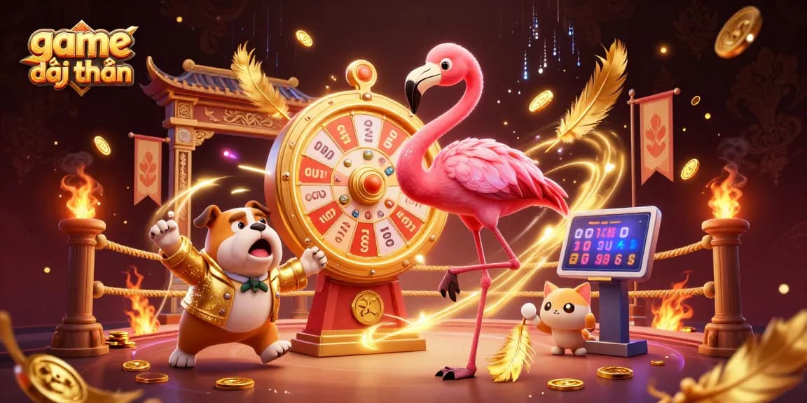 Experience the thrill of game đổi thưởng with the flamingo and bulldog in an energetic casino scene.