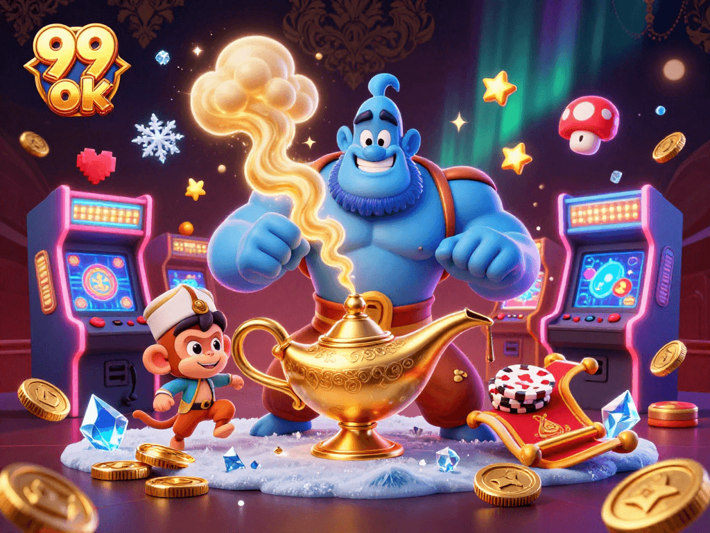 Experience thrills at 99 ok with an exciting scene featuring a genie, monkey, and magic carpet!