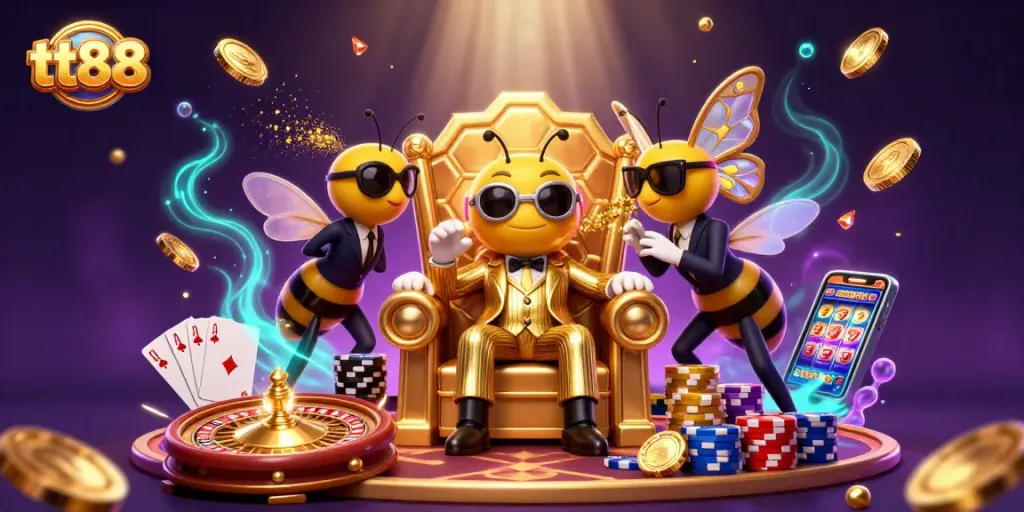 Engage with tt88's vibrant casino scene featuring a bumblebee mob boss and stunning game elements.