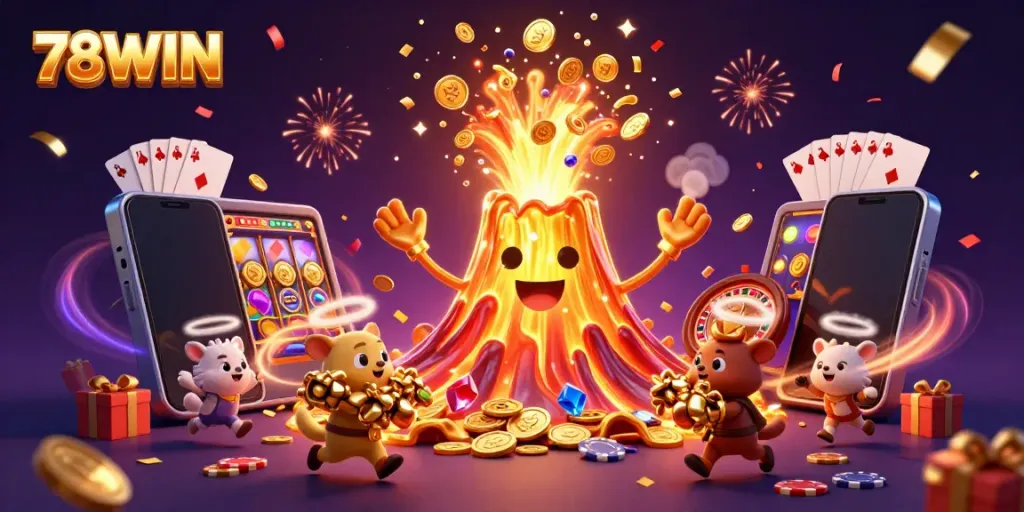 Experience thrilling gameplay at 78WIN with a vibrant eruption of coins and treasure.