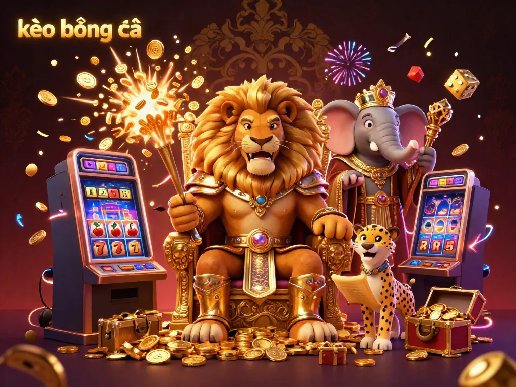 Experience kèo bóng đá excitement with our 3D illustration of the lion king in a vibrant casino-themed scene.