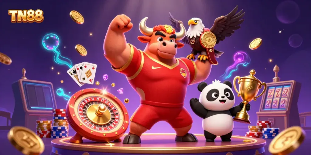 Experience the excitement of TN88 with a victorious bull mascot, eagle champion, and joyful panda amidst casino elements.