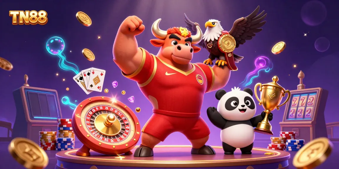 Experience the excitement of TN88 with a victorious bull mascot, eagle champion, and joyful panda amidst casino elements.
