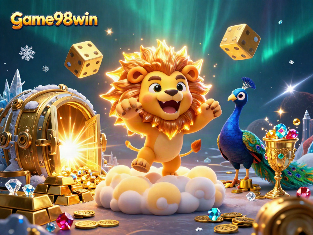Engage with game98win in an adventurous casino scene featuring animated characters and vibrant treasures.