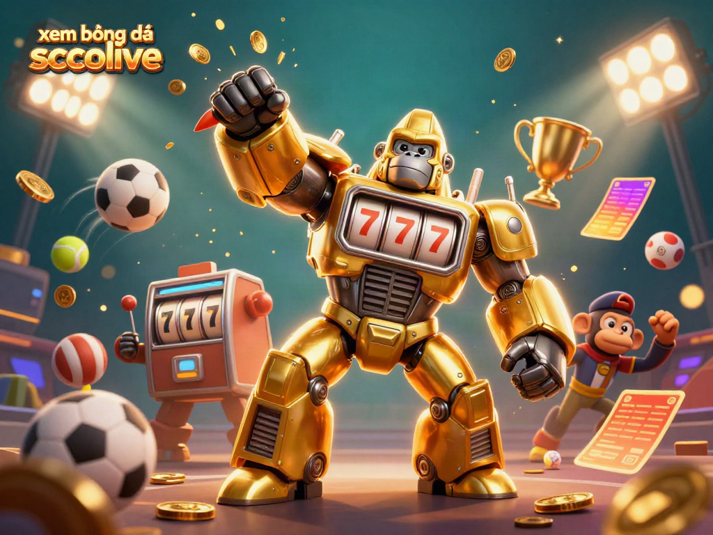 Experience xem bóng đá socolive with a dynamic 3D gorilla mech and sports elements in action.