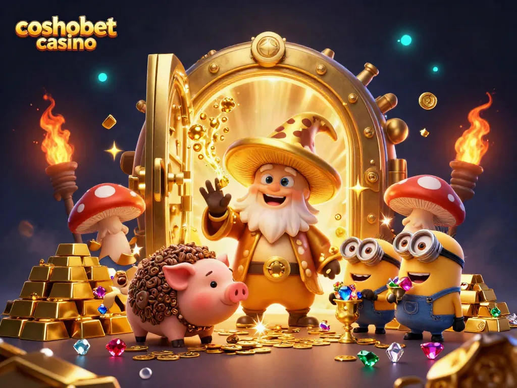 Experience the magic of cosmobet casino with characters and treasures in this vibrant 3D illustration.