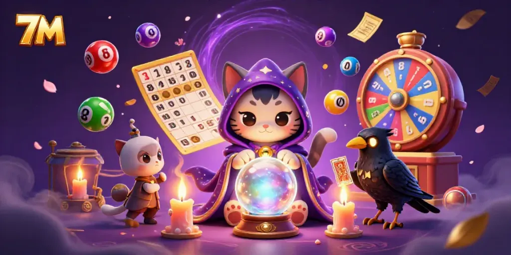 Engage with the dynamic 7M scene showcasing colorful lottery elements and mystical characters.
