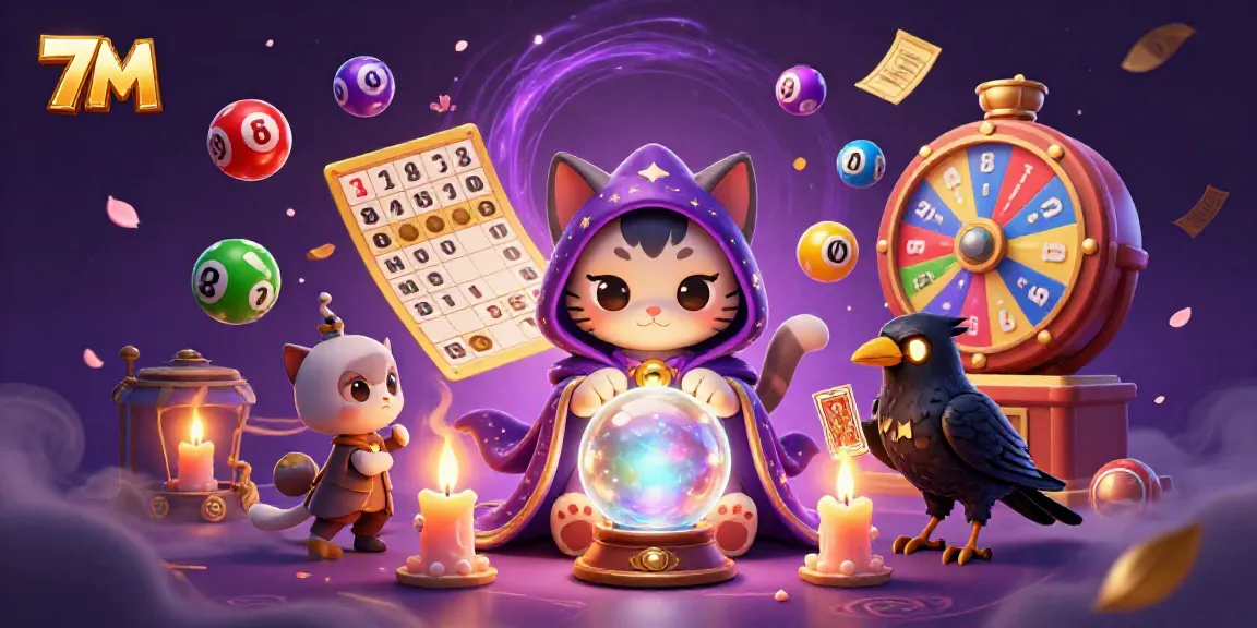 Engage with the dynamic 7M scene showcasing colorful lottery elements and mystical characters.