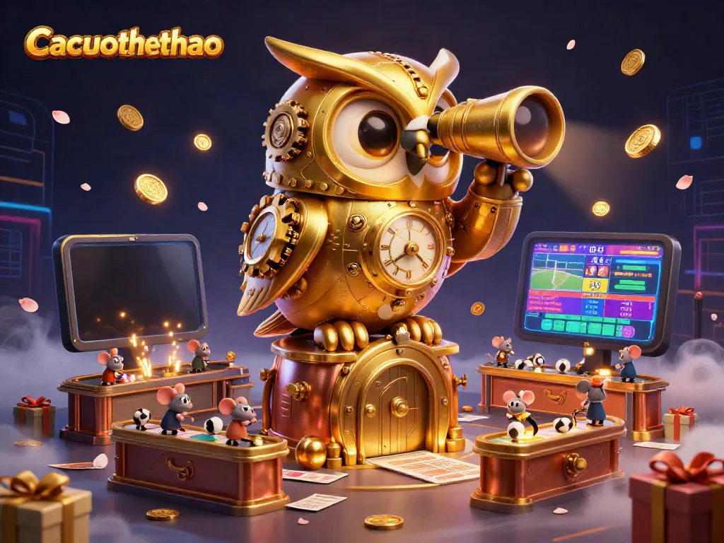 Cacuocthethao showcases a golden owl scanning a vibrant sports betting arena filled with dynamic elements.