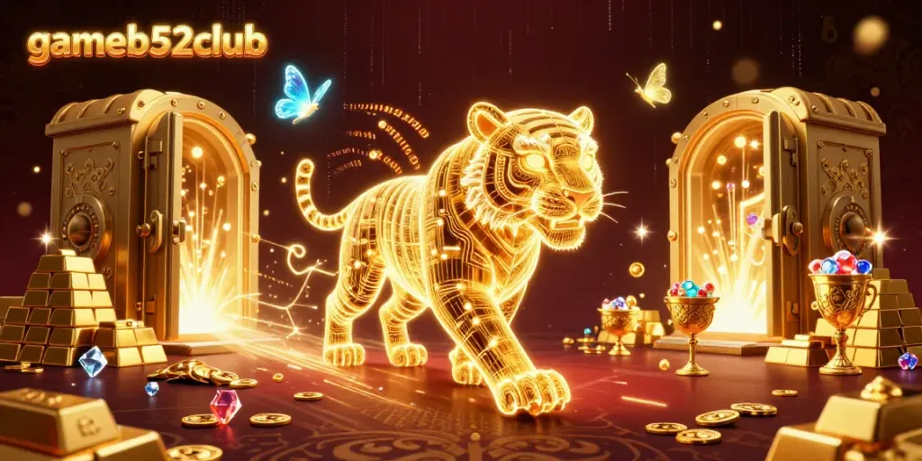 Experience thrilling gameplay at gameb52club with a neon tiger in a vibrant casino scene.