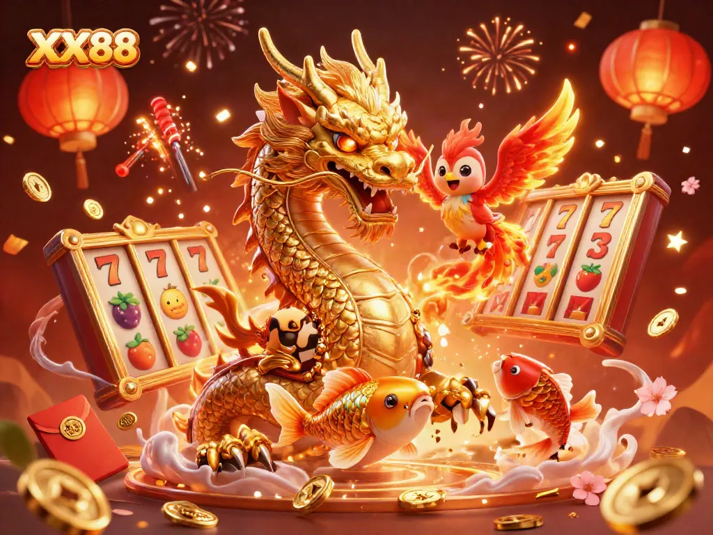 Play with luck and excitement at XX88, featuring a powerful dragon and vibrant casino elements.