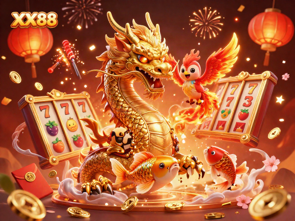 Play with luck and excitement at XX88, featuring a powerful dragon and vibrant casino elements.