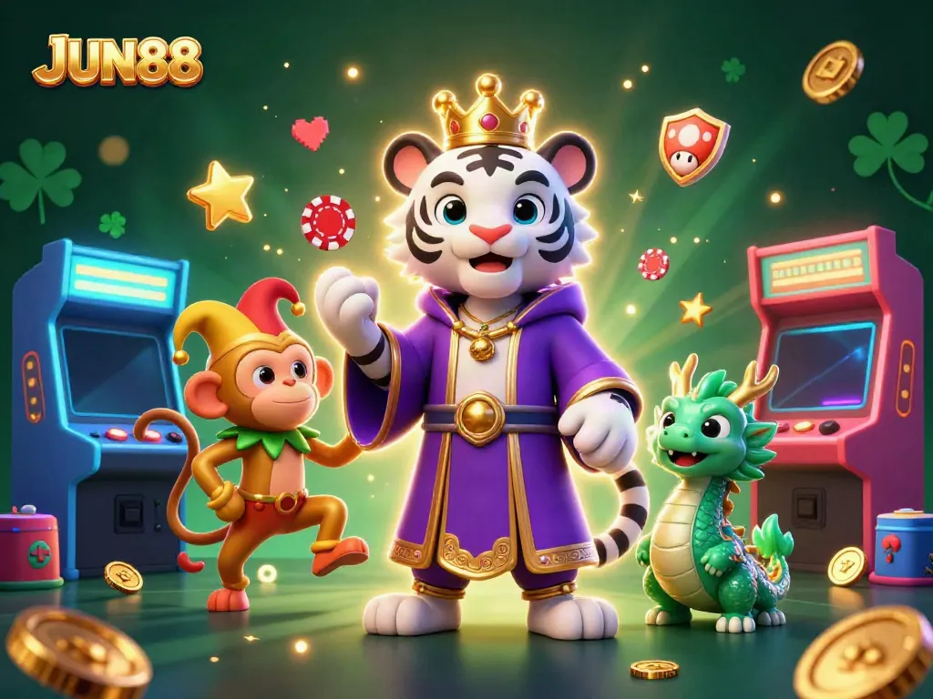 Engage in thrilling games with JUN88 featuring an elegant tiger and playful monkey in a dynamic casino scene.
