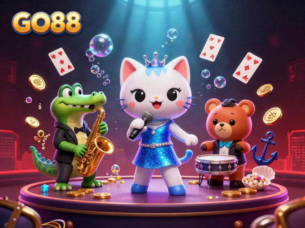 GO88 esports gaming scene with a vibrant jazz-singer cat, crocodile, and bear amidst casino treasures.