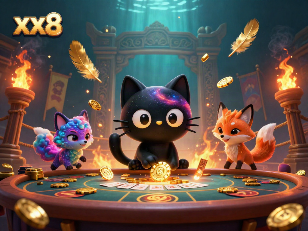 Engaging scene featuring a black hole cat embracing the world of gambling on xx8 with cosmic elements