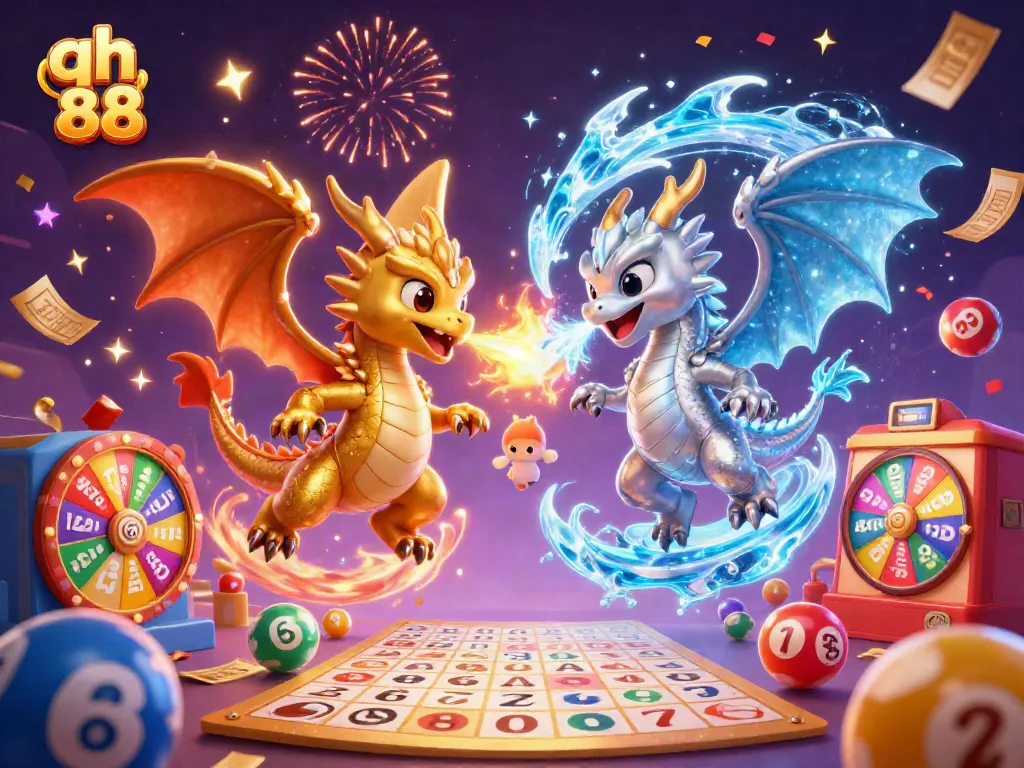 Experience thrilling games with qh 88 as gold and silver dragons unleash fire and ice in a vibrant casino scene.