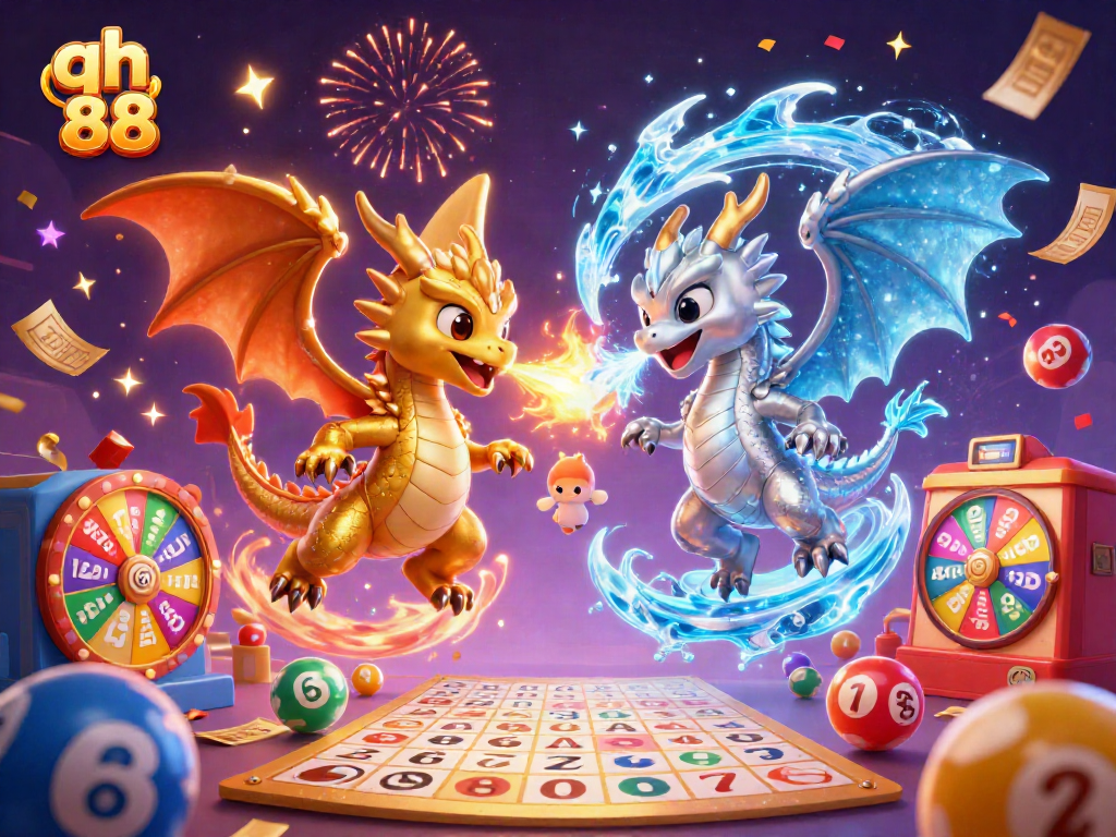 Experience thrilling games with qh 88 as gold and silver dragons unleash fire and ice in a vibrant casino scene.