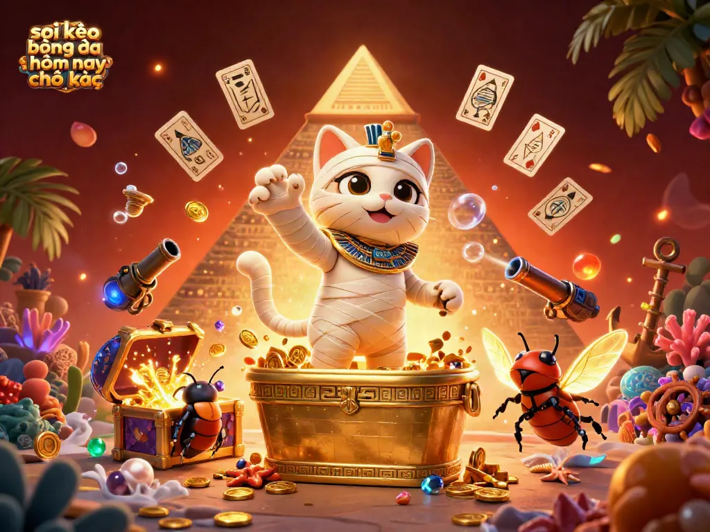 Engaging scene featuring a mummy cat and a scarab beetle representing soi kèo bóng đá hôm nay chính xác in a vibrant pyramid casino.