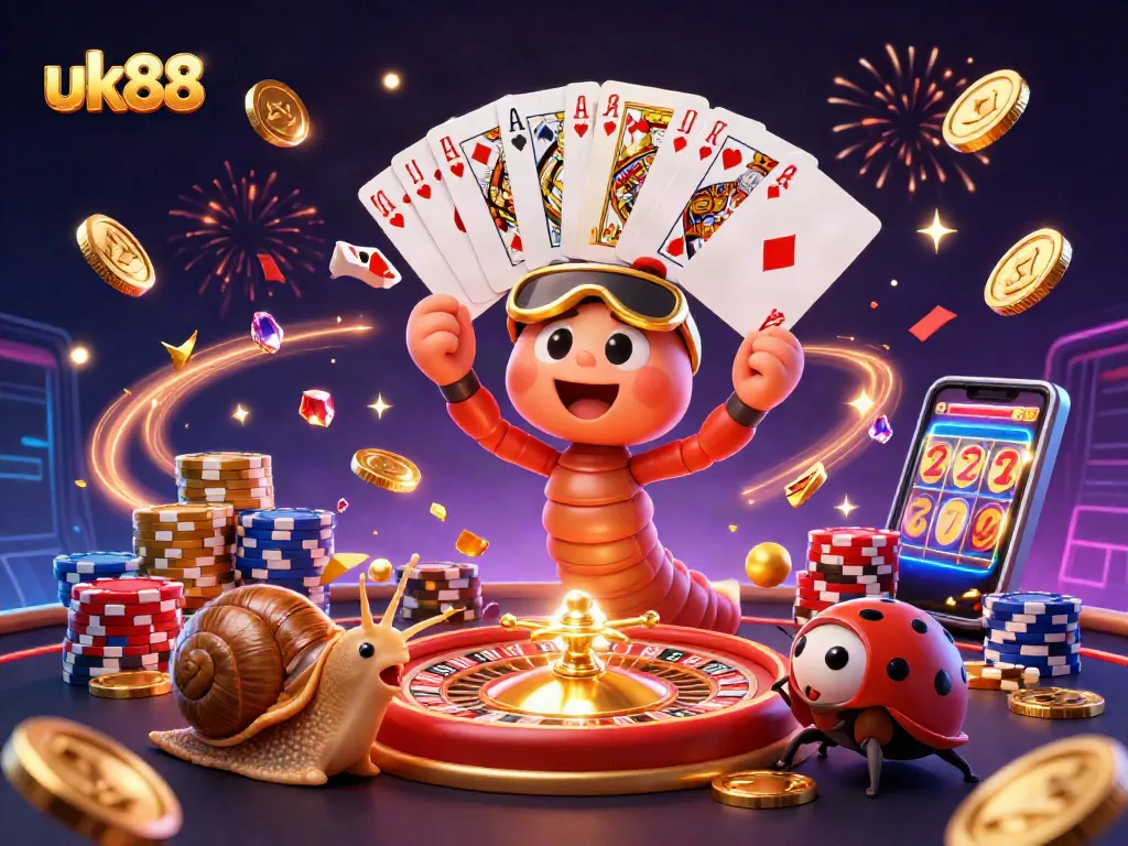 Experience thrilling gameplay at uk88 with vibrant casino characters amidst cascades of winning chips.
