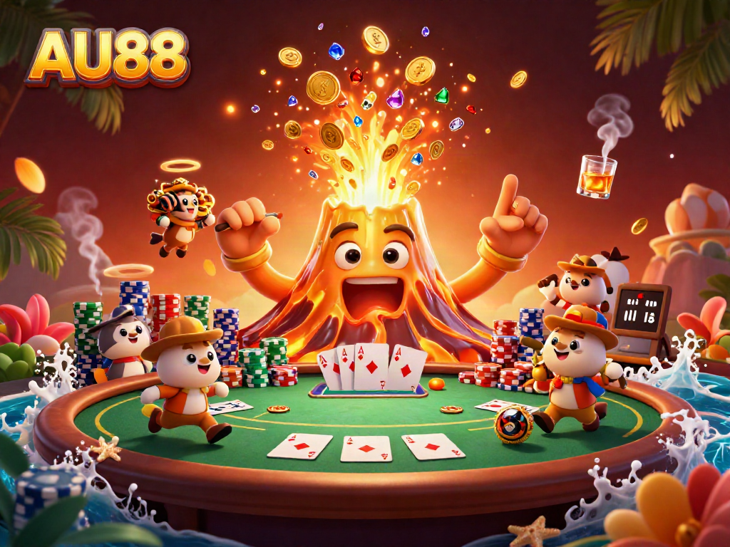 Experience the triumph of AU88 with a golden volcano erupting treasures at a vibrant poker scene.