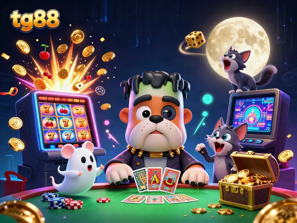 Experience thrilling gameplay at tg88 with a Frankenstein bulldog dealer and enchanting casino elements.