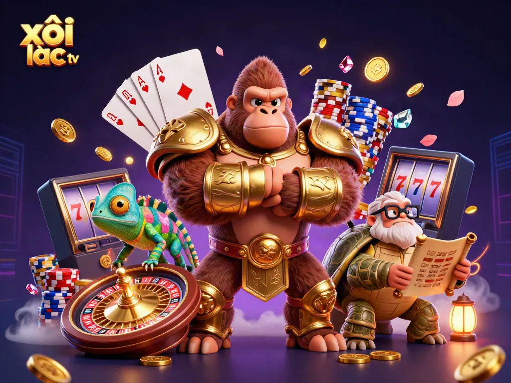 Experience the excitement of xôi lạc tv with a dynamic 3D casino scene filled with winning cards and golden coins.