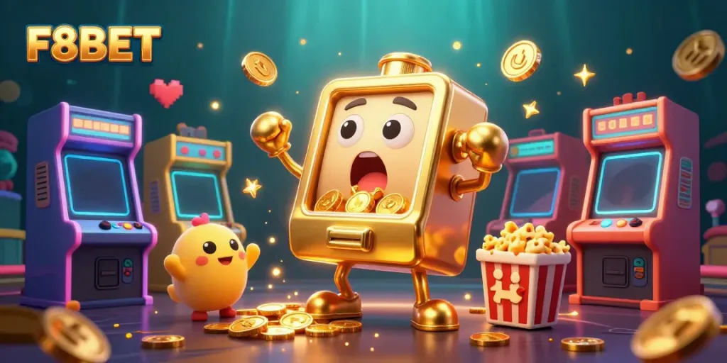 Celebrate big wins with F8BET's vibrant 3D illustration of slot machines and arcade fun.