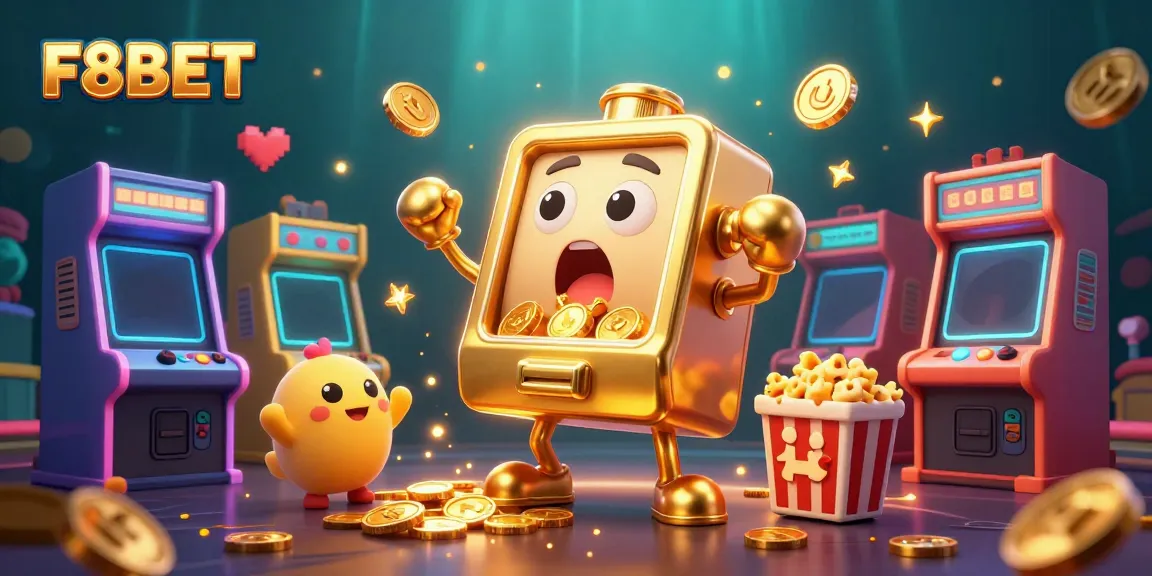 Celebrate big wins with F8BET's vibrant 3D illustration of slot machines and arcade fun.