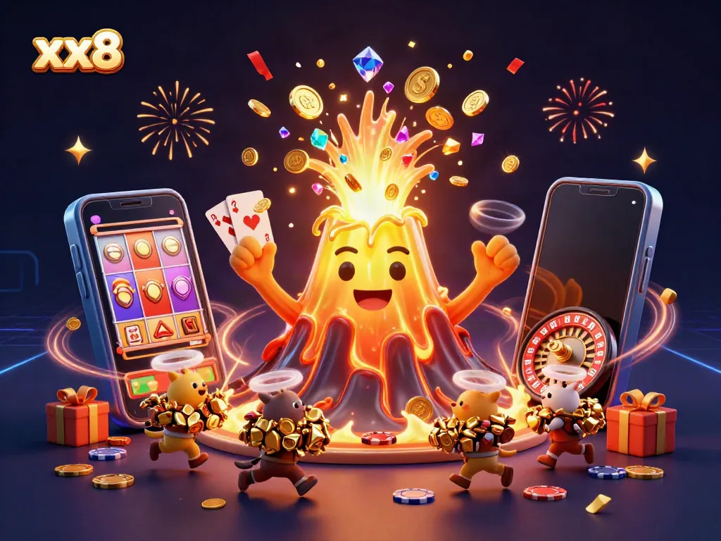 Experience excitement with xx8 as the golden volcano erupts coins while explorer animals grab treasures.