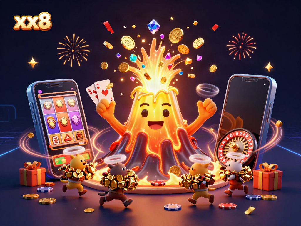 Experience excitement with xx8 as the golden volcano erupts coins while explorer animals grab treasures.