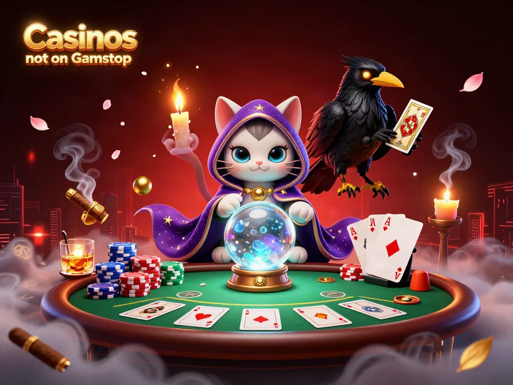 Engage with casinos not on Gamstop through vibrant 3D illustration showcasing fortune teller characters and poker elements.