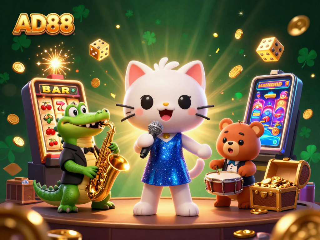 Experience thrilling gaming at AD88 with a vibrant casino scene featuring musical characters and dynamic elements.