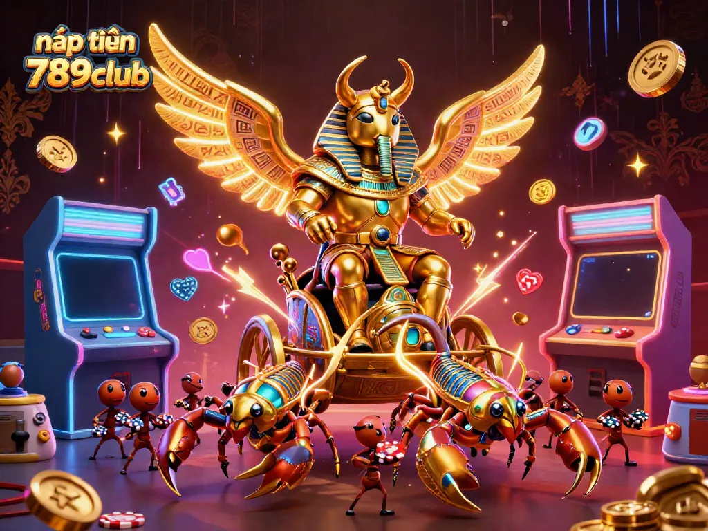Engage with nạp tiền 789club in a vibrant 3D casino scene featuring a golden scarab and game elements.