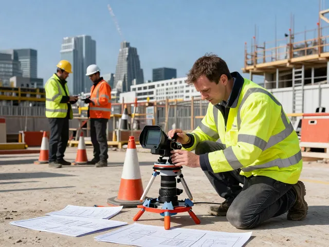 Utility Survey London: Surveyor using ground-penetrating radar equipment on a construction site in urban London.