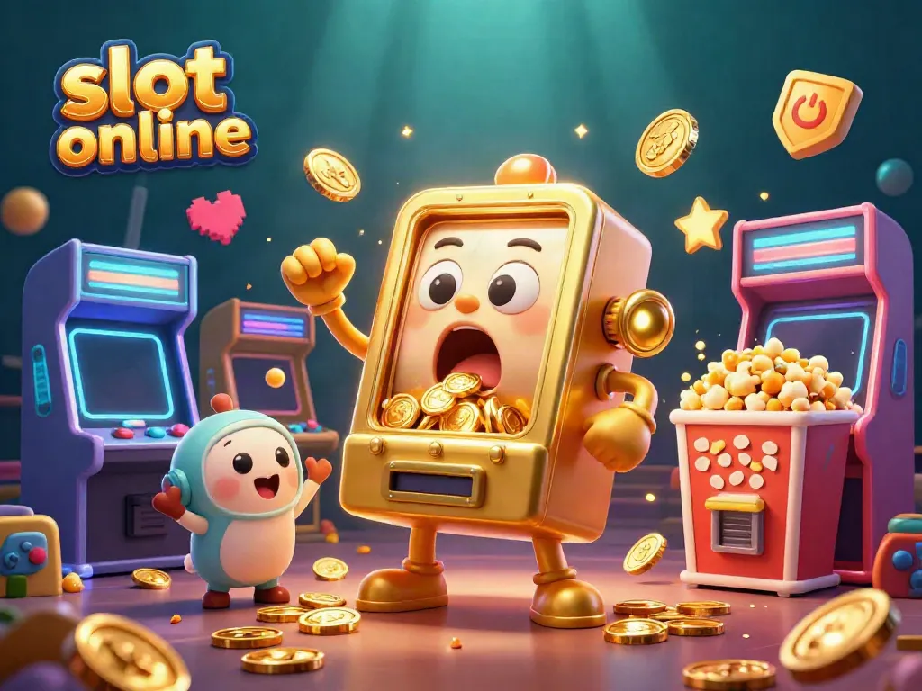 Celebrate the thrill of winning with vibrant slot online action, featuring dynamic cartoon slot machines.