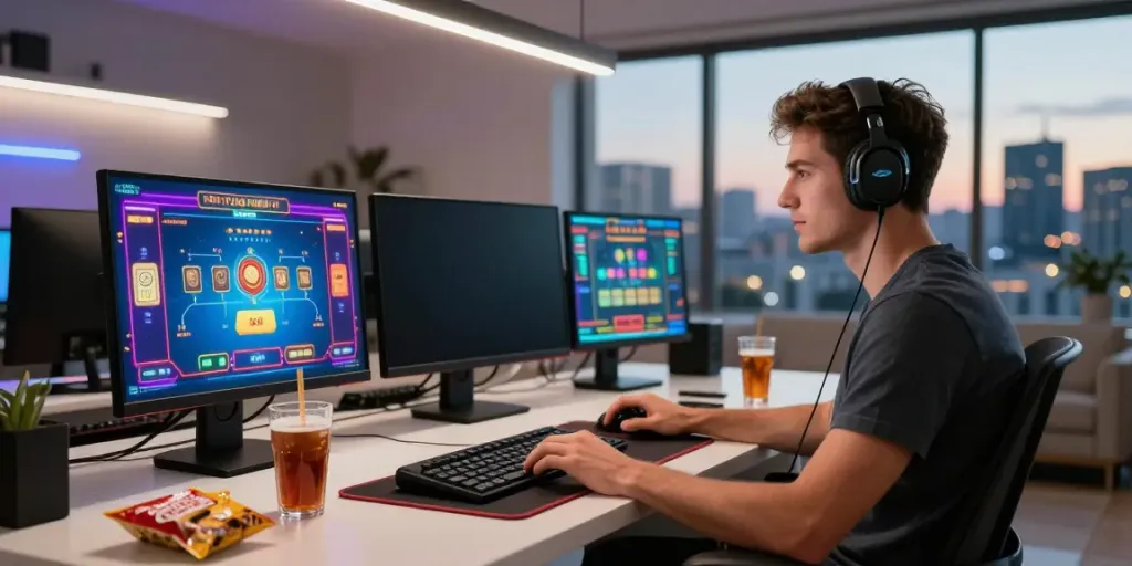 Engaged player at a casino not on gamstop in vibrant home office.