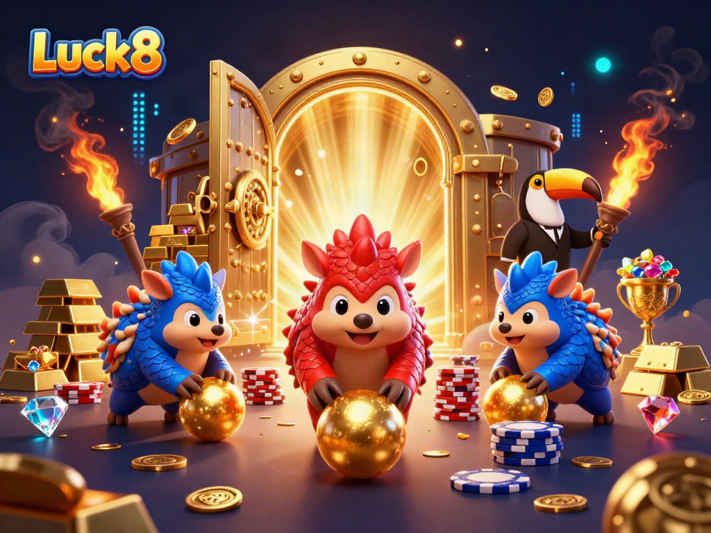 Luck8 pangolins bowling through poker chips in a vibrant casino setting.