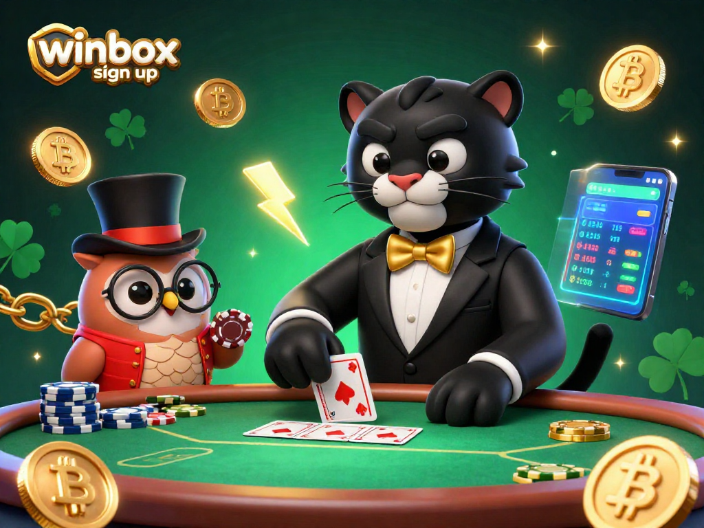 Engage in casino excitement with winbox sign up, featuring a stylish panther dealing cards surrounded by tokens.