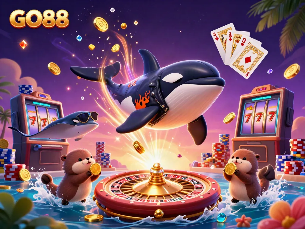 GO88 presents a captivating casino scene with an orca, stingray, and otters enjoying casino games amidst flying coins.