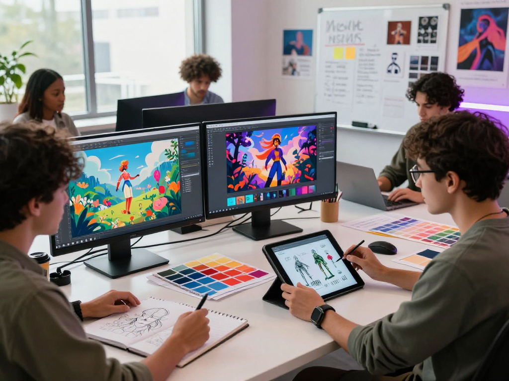 Engaging workspace showing artists collaborating on NSFW AI designs with monitors and tablets, creating vibrant graphics.