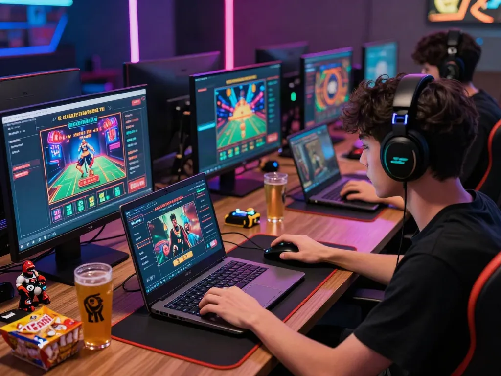 Dynamic online gaming environment showcasing user engaging with https://gem88.jpn.com/ amidst gaming gear and vibrant visuals.