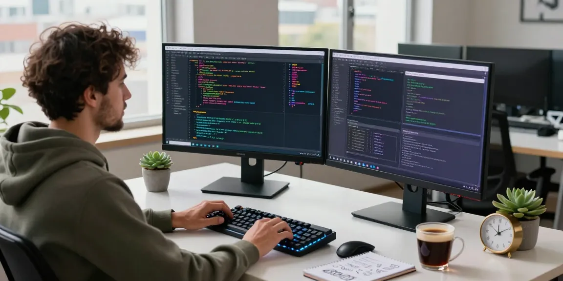 Developer coding at a workspace with dual monitors, showcasing https://ieee.org.uk in a modern tech environment.