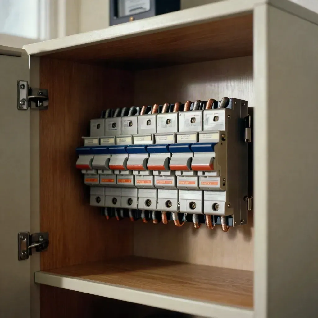 Upgraded consumer unit in a neat utility cupboard, with copper tails and modern breakers.