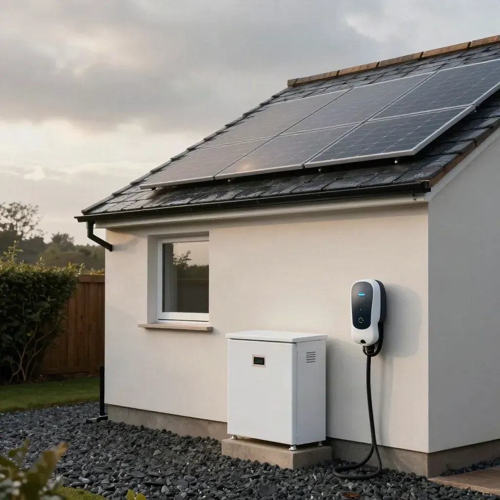 Solar panels, battery cabinet and EV charger on a UK home after rain, lit by dramatic morning sun.