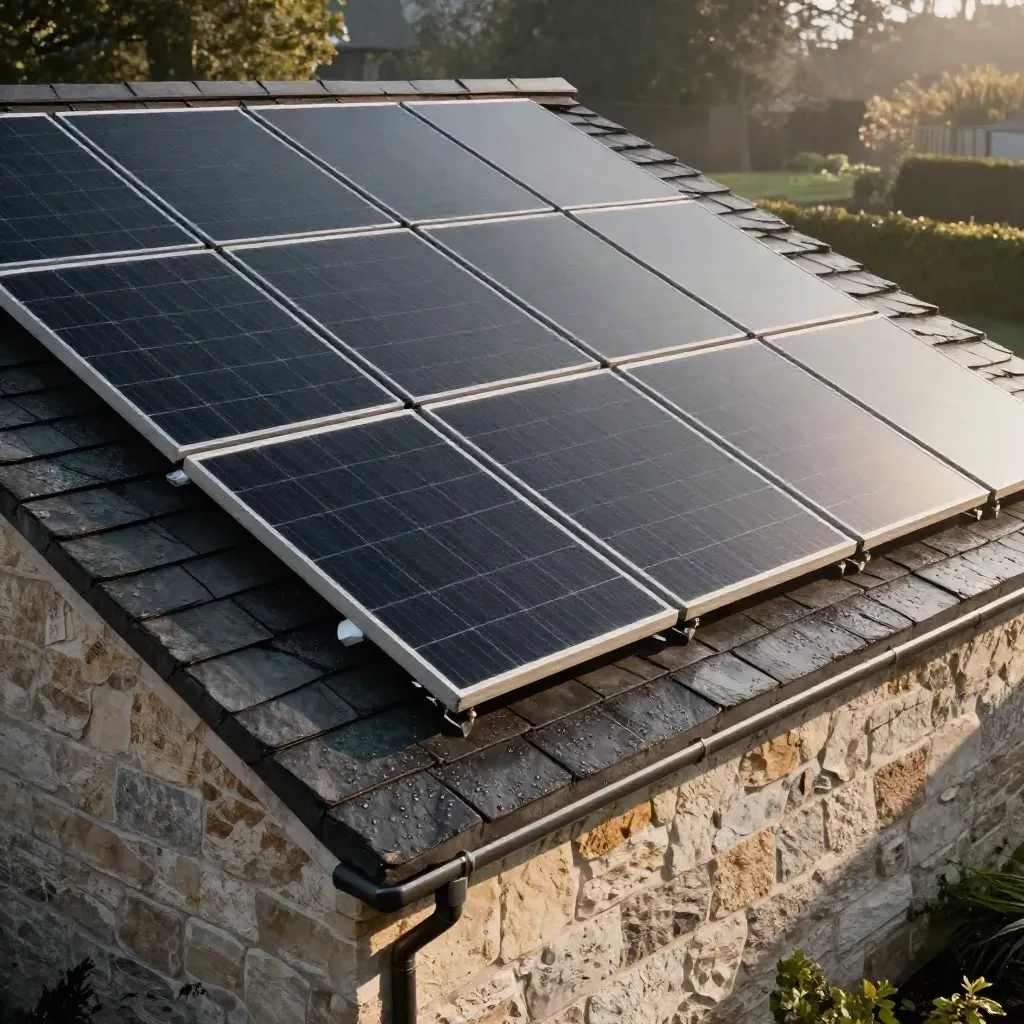 Low garden view of a premium rooftop solar array on a slate roof beside a stone wall.