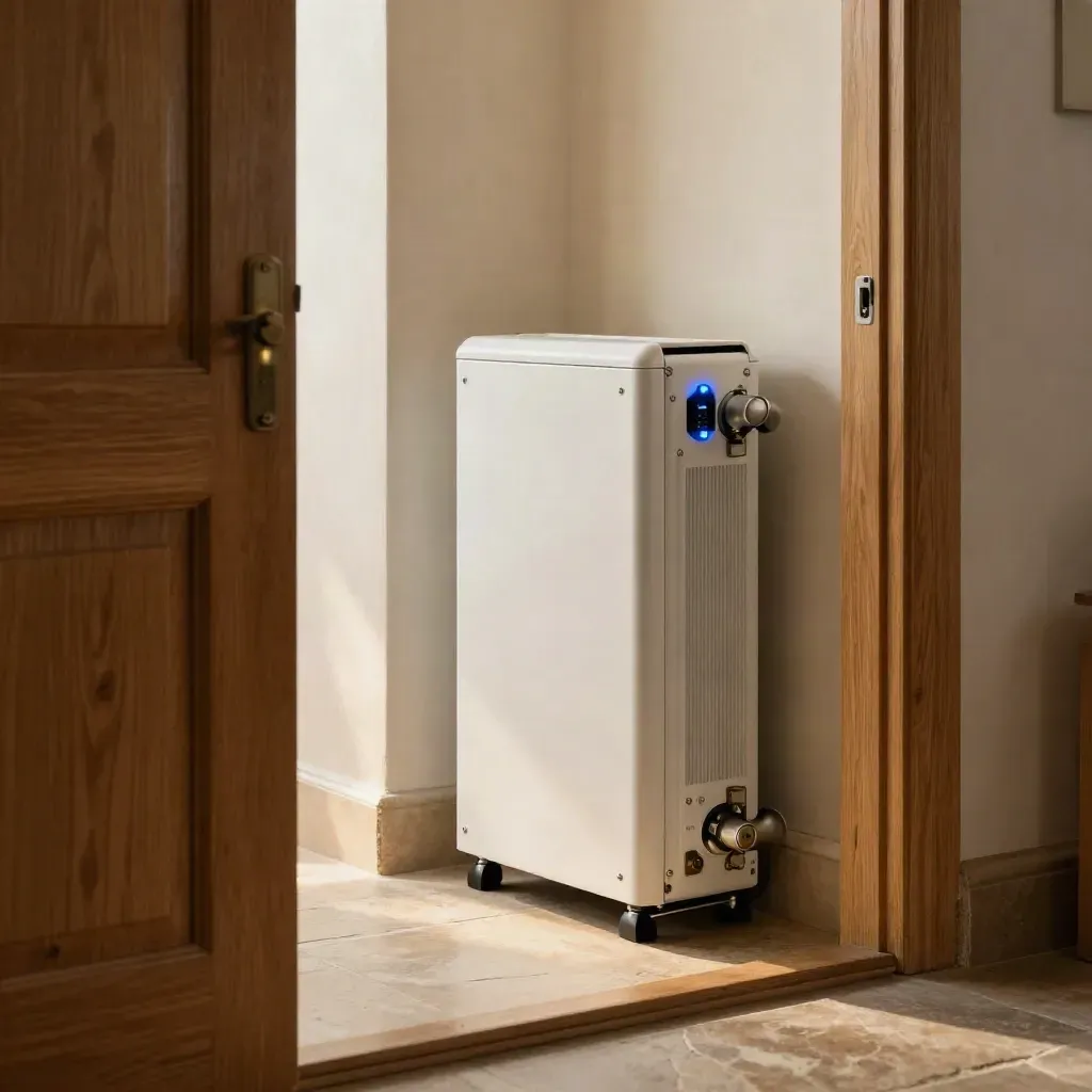 Battery storage cabinet glowing in a bright utility room corner with warm afternoon light.